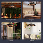 Black hanging halogen patio heater shown for ceiling mounting in indoor and outdoor spaces.