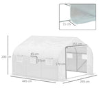 White tunnel greenhouse with roll-up door and window panels, metal frame