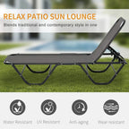 Grey patio sun lounger with black frame and adjustable backrest, lounge-ready