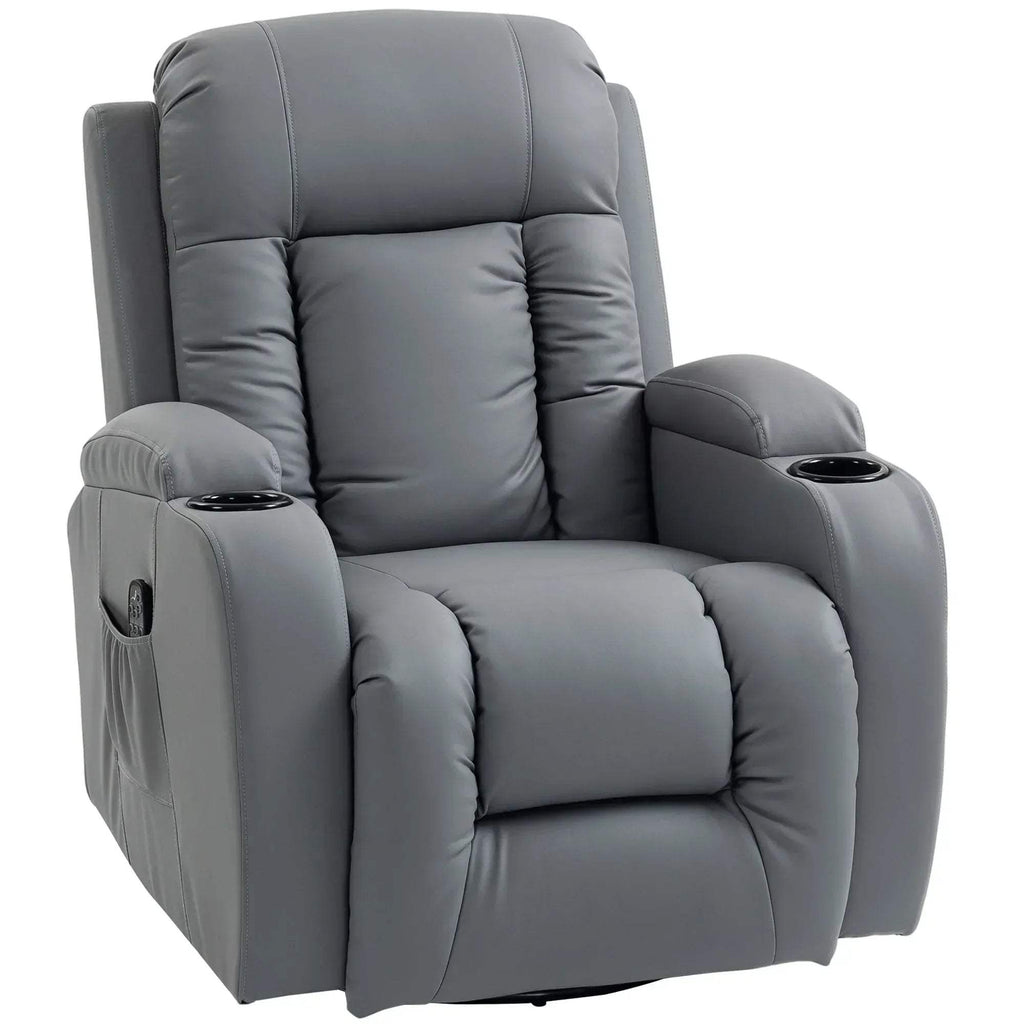 Grey PU leather massage recliner armchair with padded headrest, armrests, and side controls