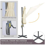 Cream cantilever parasol with manual crank mechanism and loop-strap canopy wrap