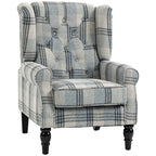 Blue-and-gray plaid wingback armchair with thick cushioned seat and rolled arms
