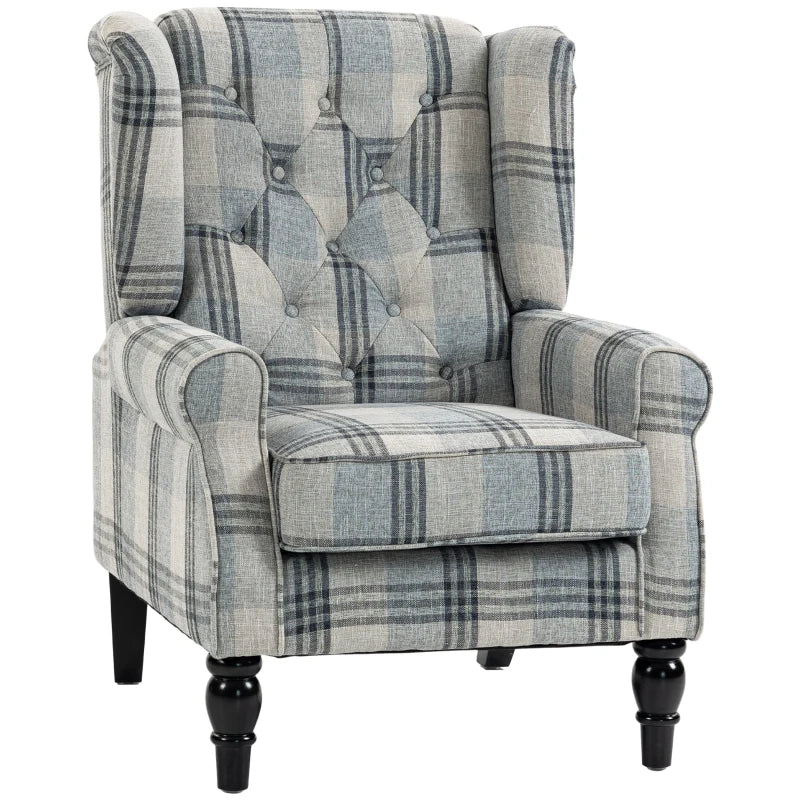 Blue-and-gray plaid wingback armchair with thick cushioned seat and rolled arms