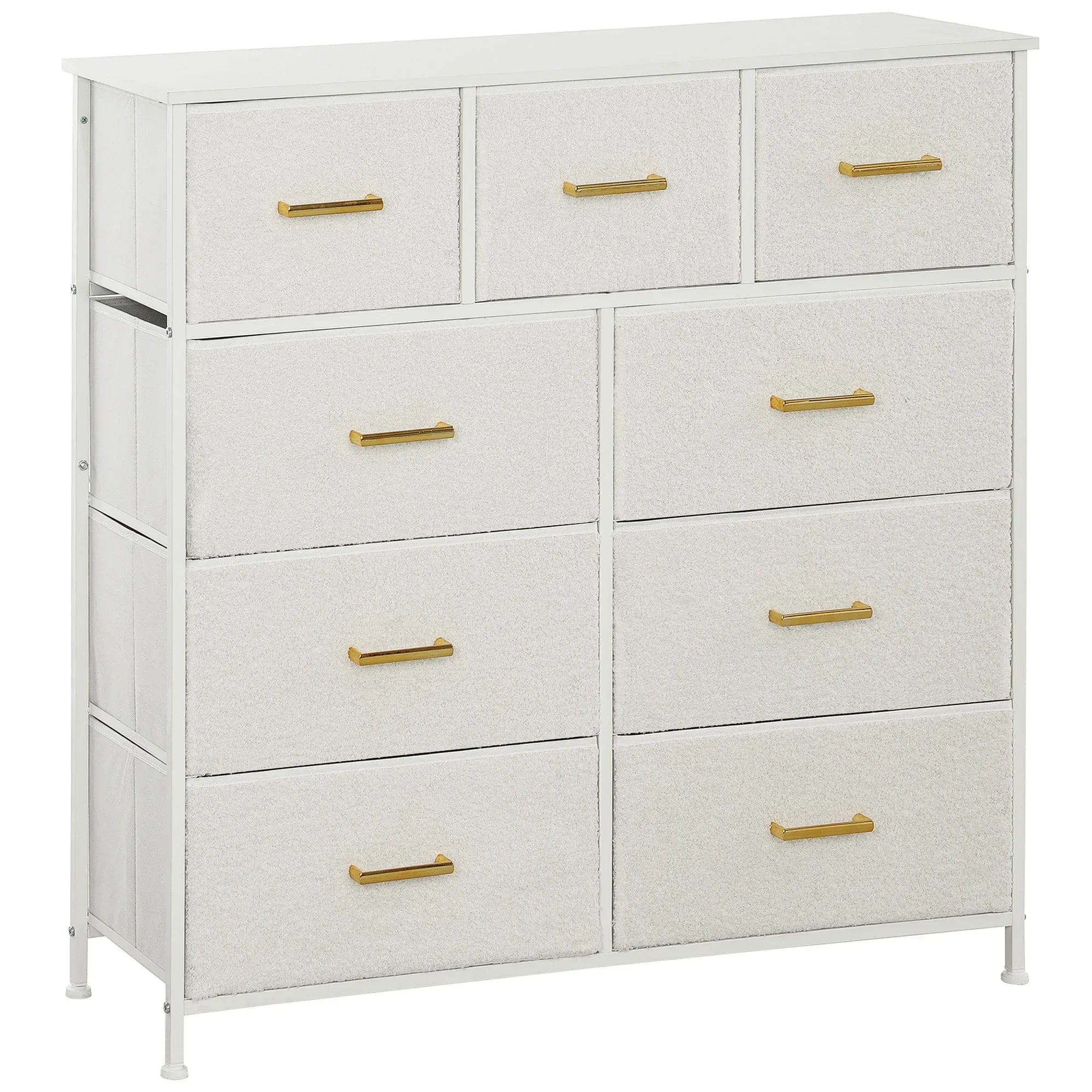 Chest of Drawers with 9 Fabric Drawers, Boucle Storage Organiser with Steel Frame, Fabric Dresser for Bedroom, Living Room, Hallway, Cream White - Bobobiy