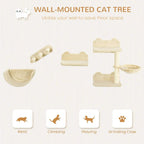 Beige wall-mounted cat shelf components set: platforms, nest, hammock, and scratching post
