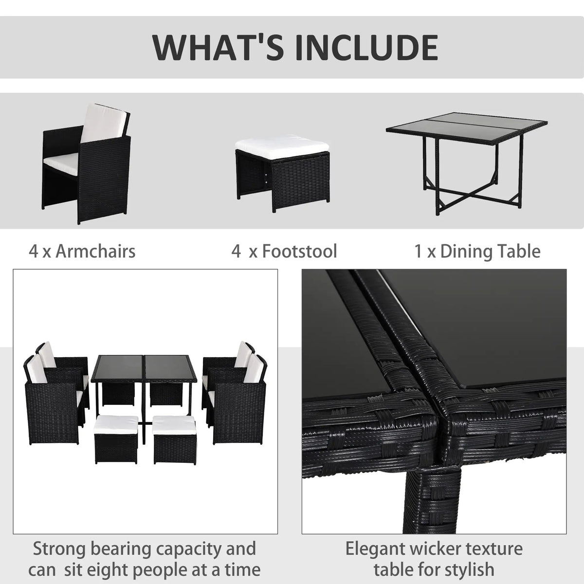 Black rattan dining set components: four armchairs, four stools and one table, with woven table detail