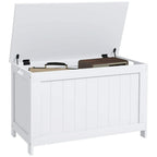 White wooden storage chest with open hinged lid, showing empty interior compartment