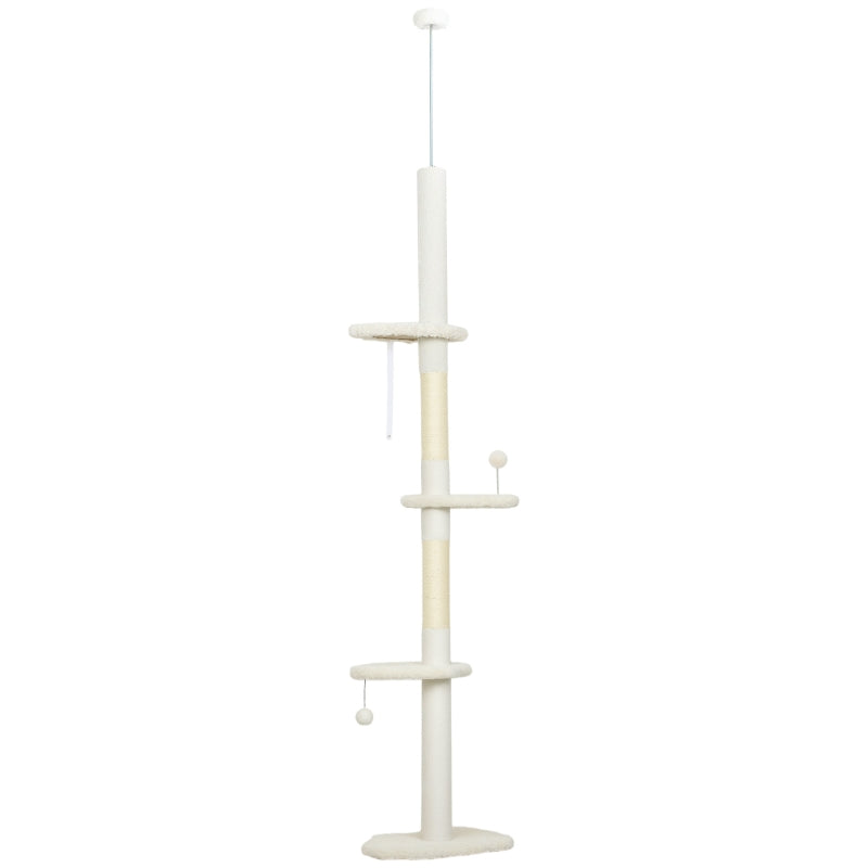 Beige cat climbing tower with sisal scratching posts, stacked perches, and dangling balls