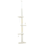 Beige cat climbing tower with sisal scratching posts, stacked perches, and dangling balls