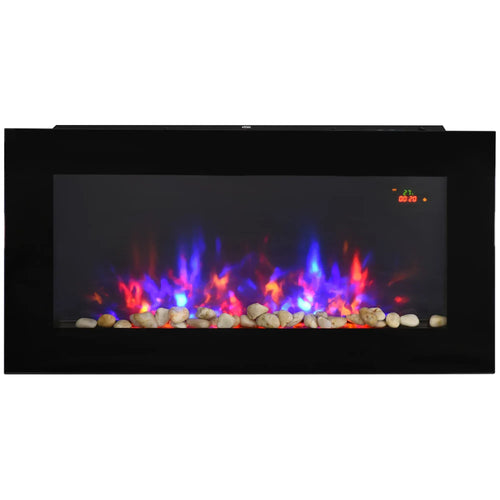 Black wall-mounted electric fireplace with curved glass, LED flame effect and glowing coals