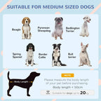 Grey wooden dog kennel suitability graphic showing medium dog breeds