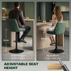 Green upholstered bar stool with back showing adjustable seat height and black base