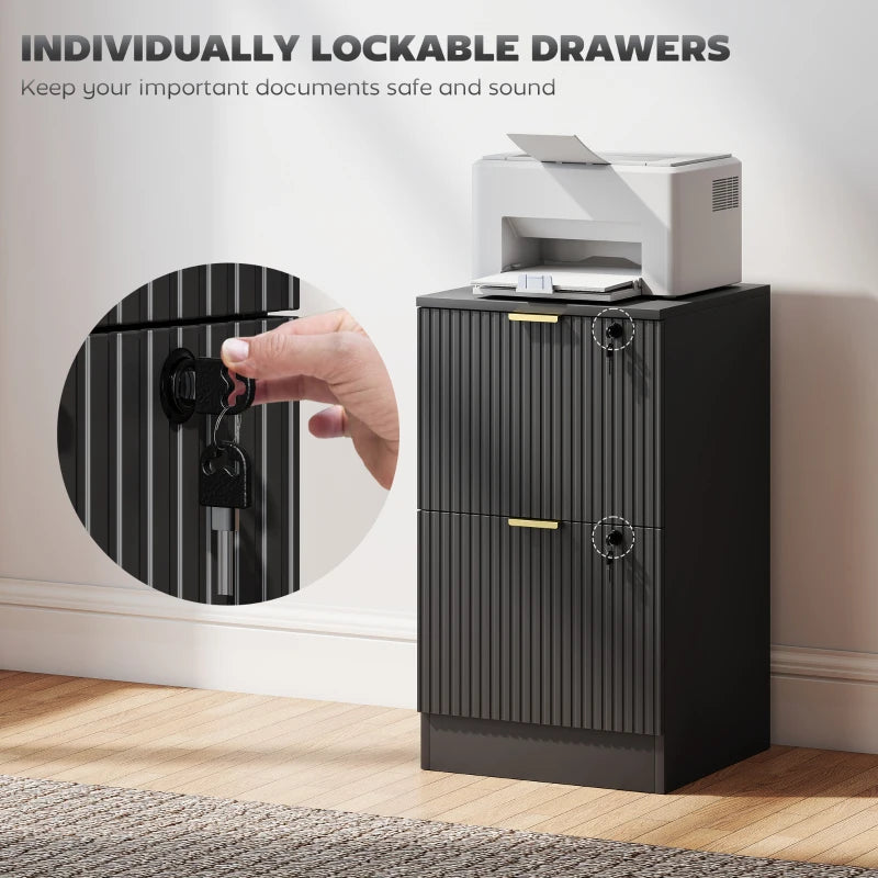 Black fluted cabinet with individually lockable drawers and key lock on front