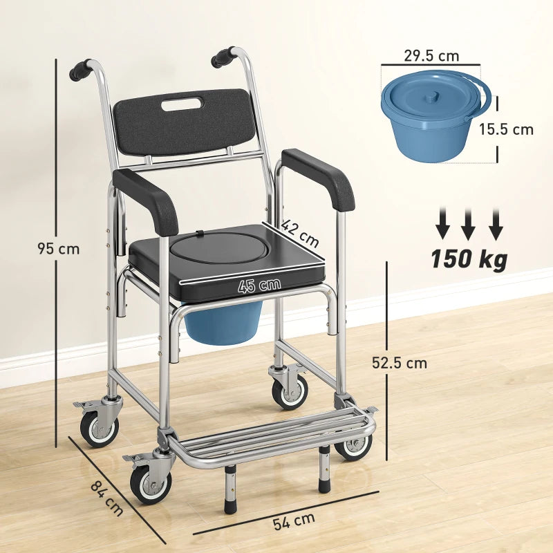 Black commode chair with padded seat and armrests, blue bucket, caster wheels