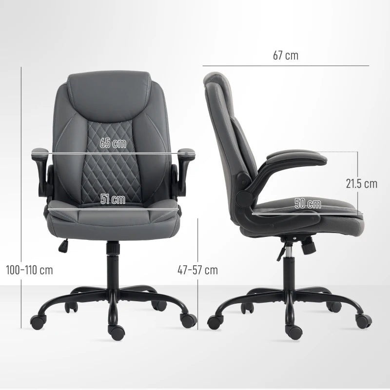 Charcoal grey office chair, side view and front view, padded seat with quilted back