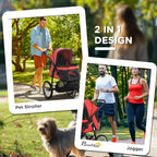 Red and black three-wheel pet stroller with foldable design, shown outdoors
