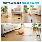 Blue cat toy system with customizable chase tracks for indoor play, straight-line layout
