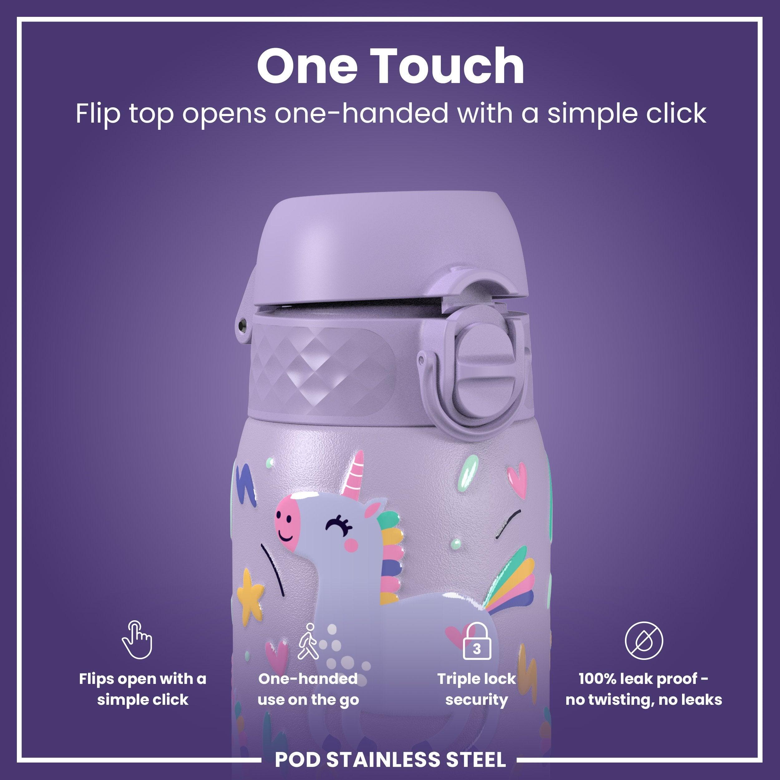 Leak Proof Kids Water Bottle, Stainless Steel, Purple Unicorns, 400ml (13oz)