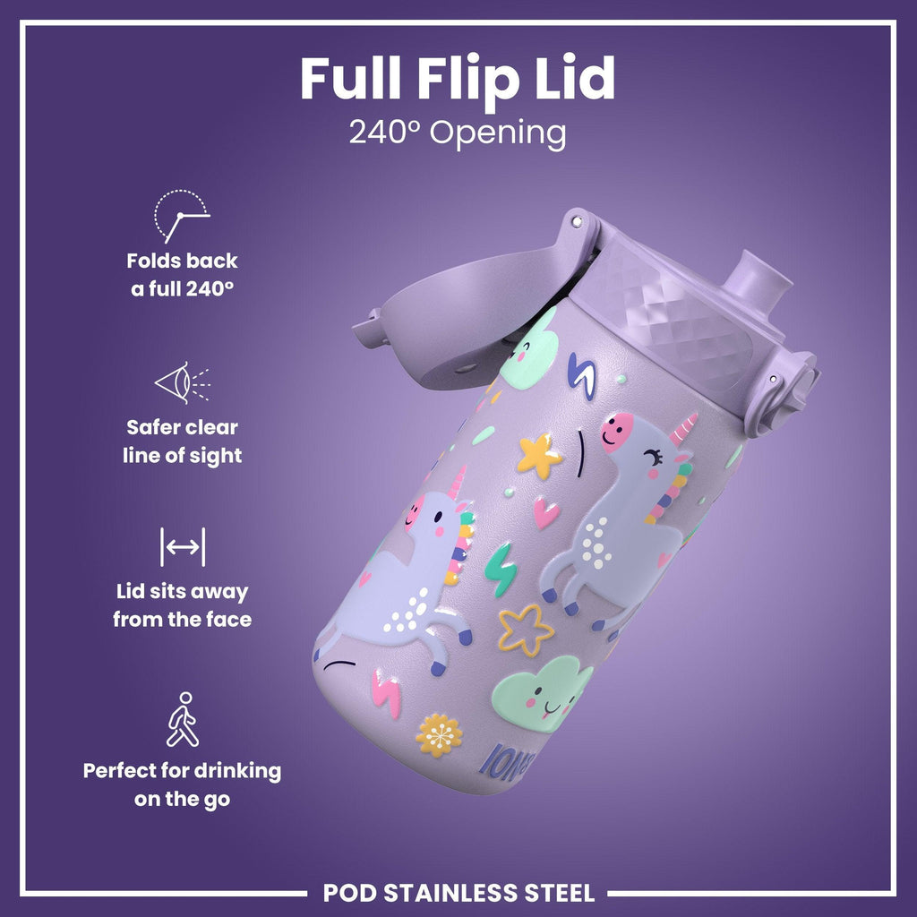 Leak Proof Kids Water Bottle, Stainless Steel, Purple Unicorns, 400ml (13oz)