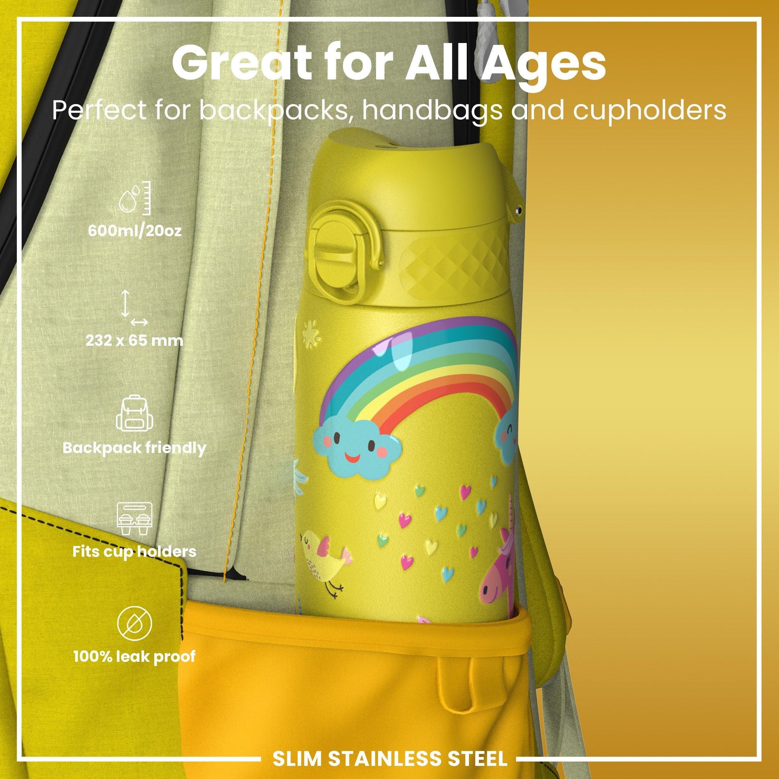 Leak Proof Slim Water Bottle, Stainless Steel, Yellow Unicorns, 600ml (20oz)