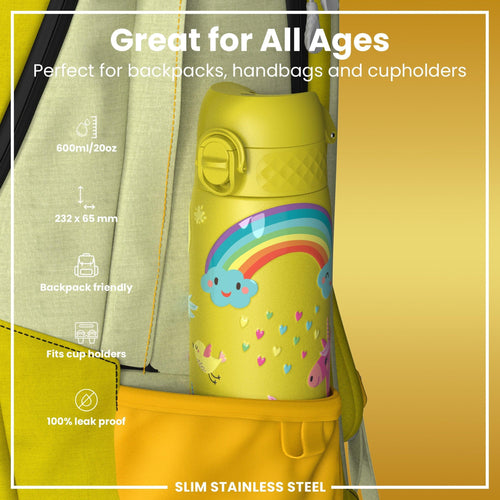 Leak Proof Slim Water Bottle, Stainless Steel, Yellow Unicorns, 600ml (20oz)