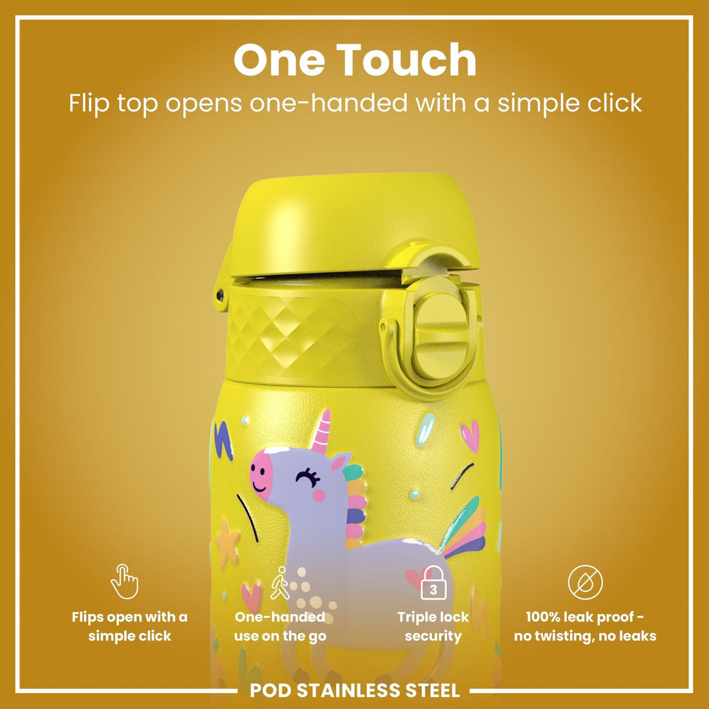 Leak Proof Kids Water Bottle, Stainless Steel, Yellow Unicorns, 400ml (13oz)