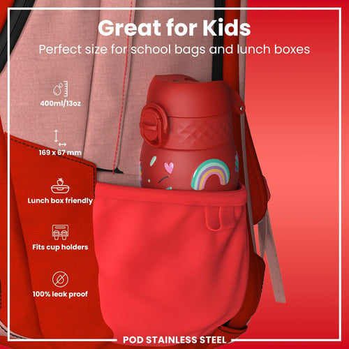 Leak Proof Kids Water Bottle, Stainless Steel, Red Unicorns, 400ml (13oz)