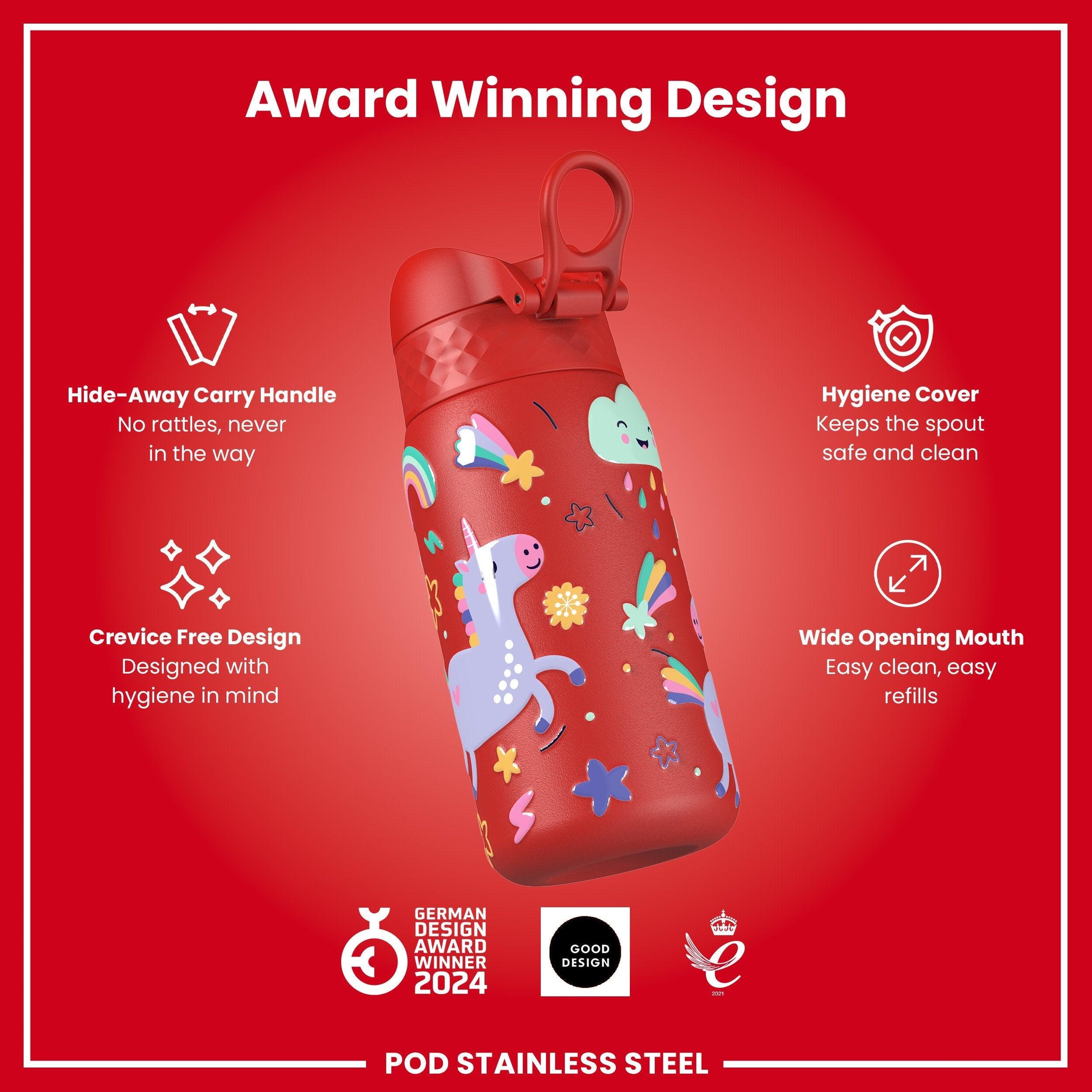 Leak Proof Kids Water Bottle, Stainless Steel, Red Unicorns, 400ml (13oz)