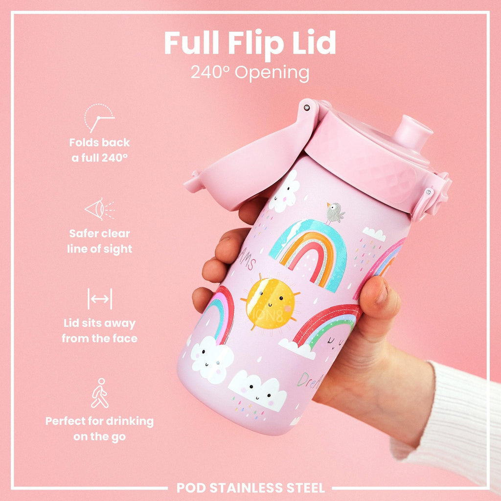 Leak Proof Kids Water Bottle, Stainless Steel, Rainbows, 400ml (13oz)