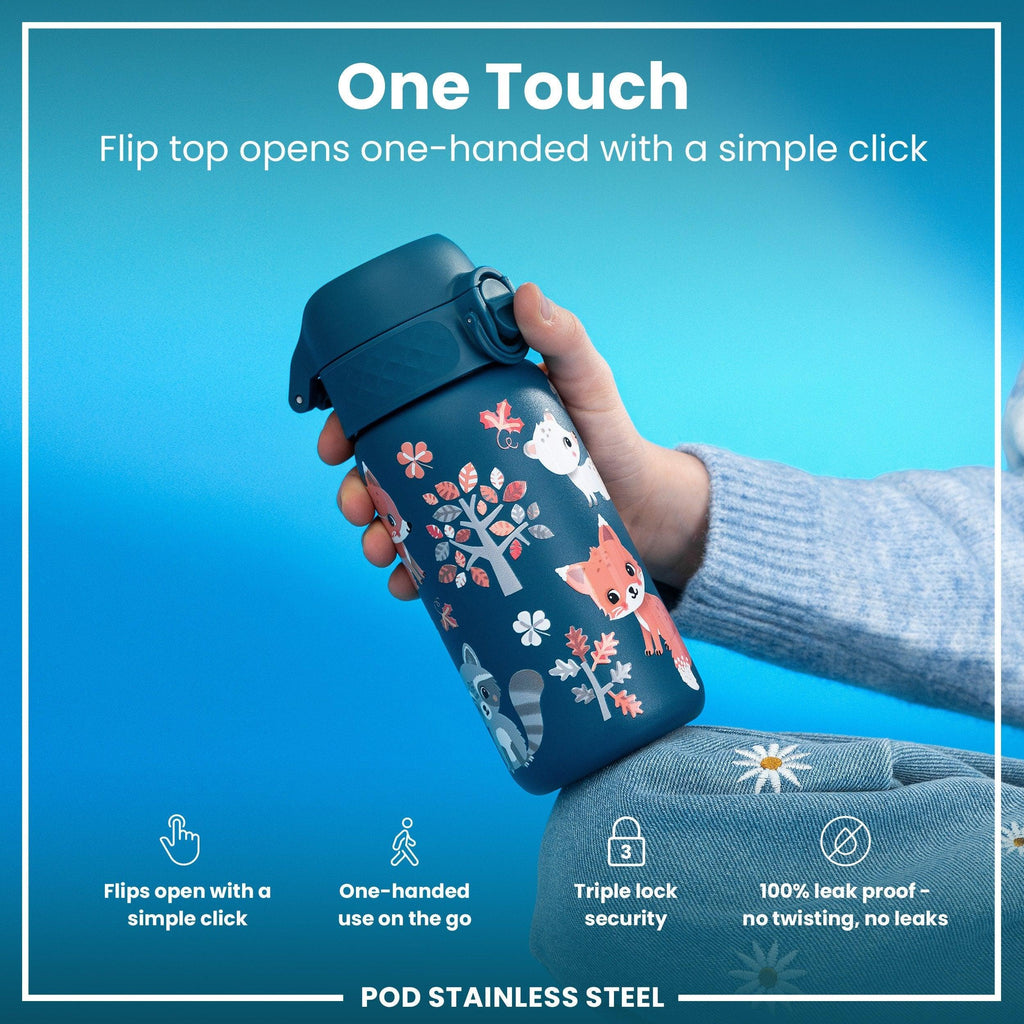 Leak Proof Kids Water Bottle, Stainless Steel, Forest Animals, 400ml (13oz)