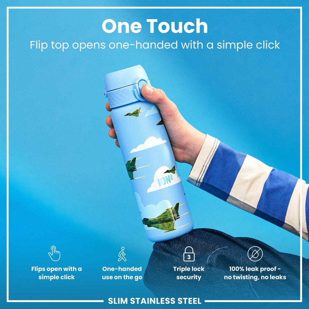 Leak Proof Slim Water Bottle, Stainless Steel, Fighter Jets, 600ml (20oz)
