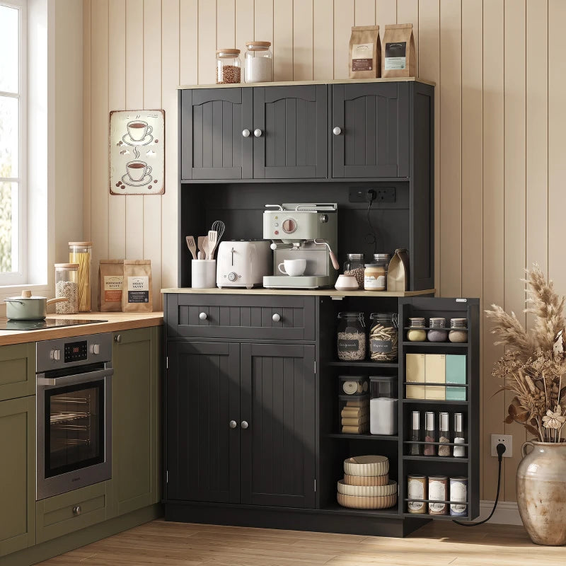 Black kitchen cupboard with open side spice racks, cabinets, and countertop storage
