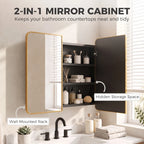 Gold-tone 2-in-1 bathroom mirror cabinet with two mirrored cabinet doors open