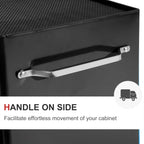 Black side pull handle on a 5-drawer tool storage cabinet