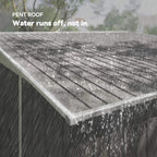 Grey metal shed pent roof edge with rain-shedding cover