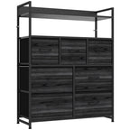 Black wood-effect chest of drawers with open shelves and 7 fabric drawers