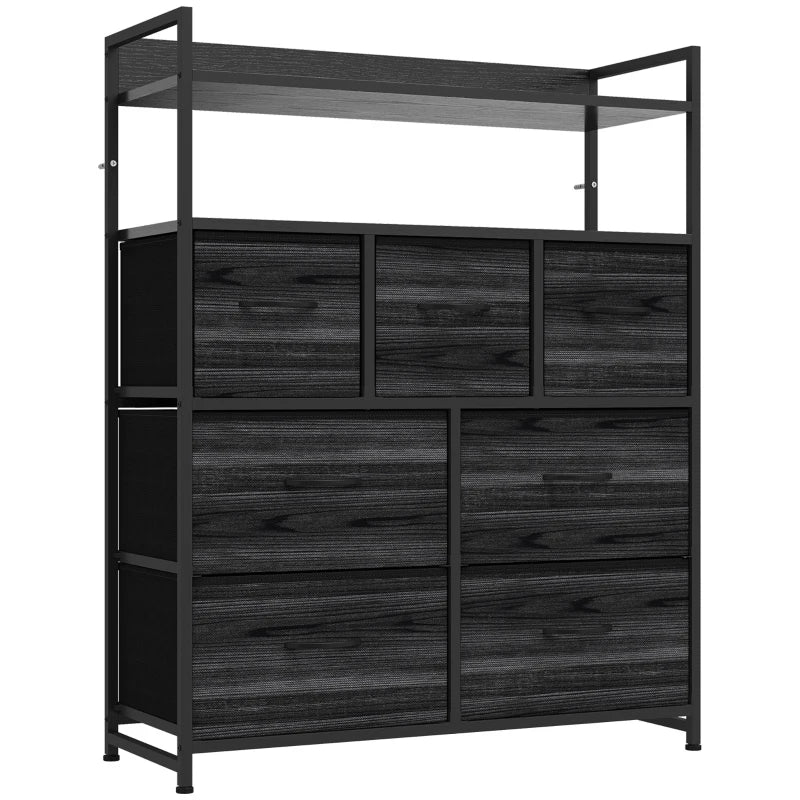 Black wood-effect chest of drawers with open shelves and 7 fabric drawers