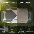 Camping tent shown with beige top cover and dark green body, with and without rainfly