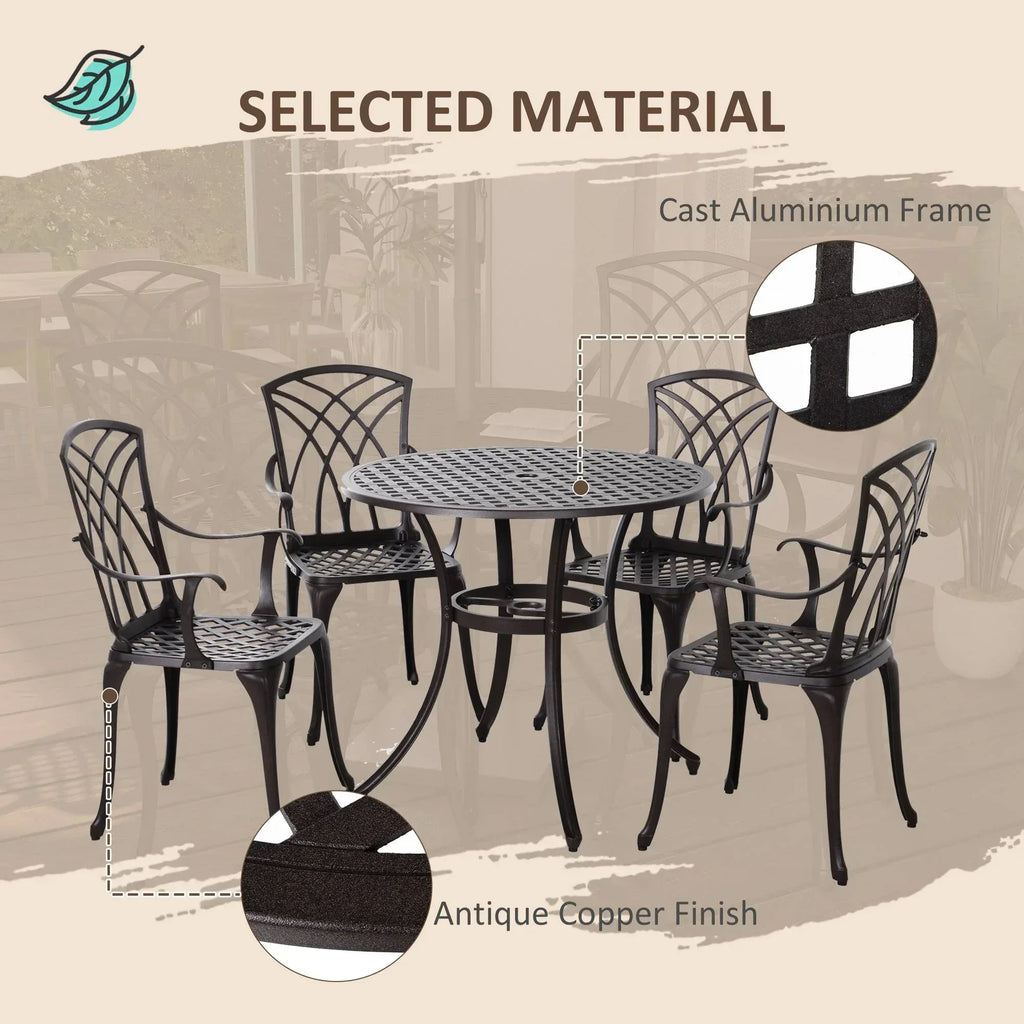 5 Pieces Garden Dining Set for 4, Cast Aluminium Outdoor Dining Set with 4 Armchairs and Round Dining Table with Parasol Hole, Garden Furniture Set, Brown - Bobobiy