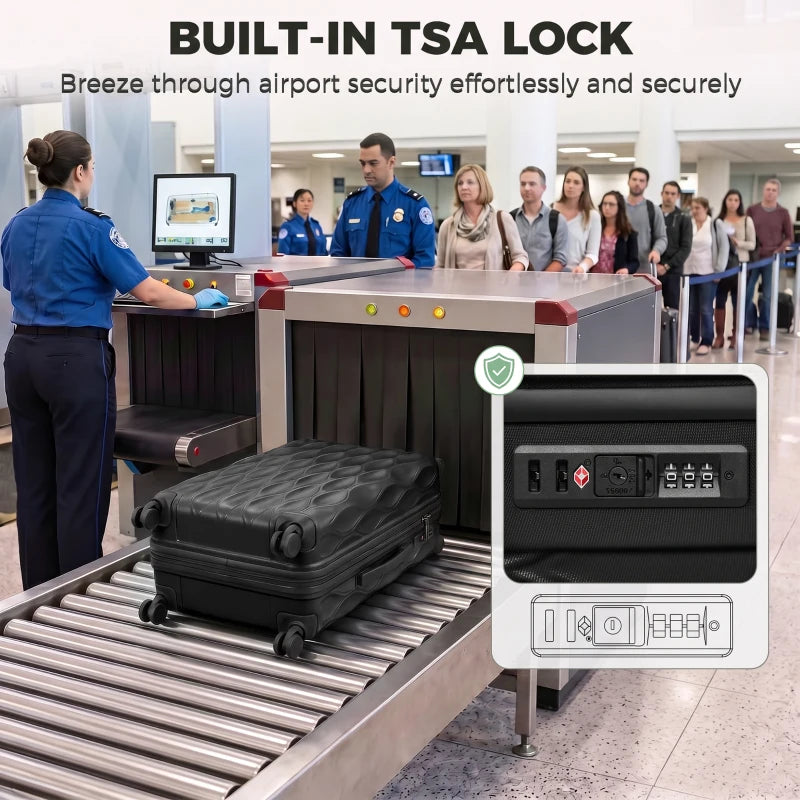 Built-in TSA lock on black hard-shell suitcase; security keypad shown close-up.