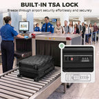 Built-in TSA lock on black hard-shell suitcase; security keypad shown close-up.