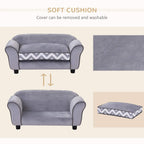 Grey pet sofa bed with removable, washable soft cushion cover; cushion shown