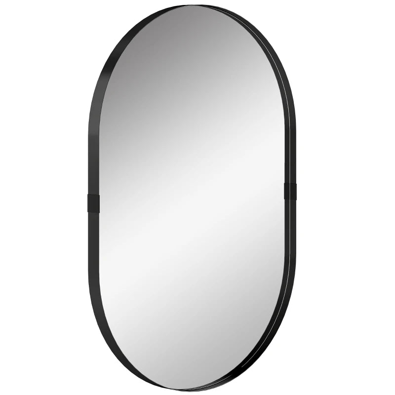 Black oval wall mirror with slim elevated aluminum frame