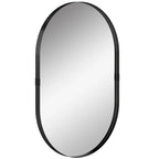 Black oval wall mirror with slim elevated aluminum frame