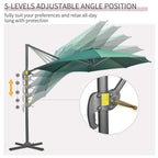 Green cantilever umbrella with adjustable tilt angle and crank mechanism, open canopy