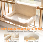 Cream plush cat radiator bed with padded seat, backrest, and curved armrests