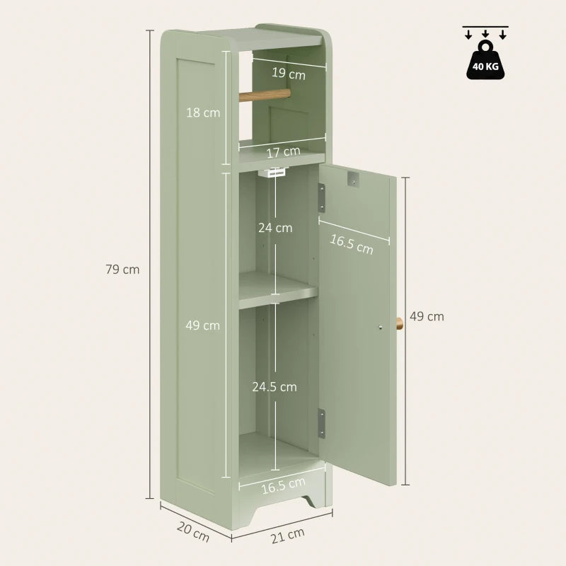 Light green slim cabinet with open shelving interior and side door for bathroom storage