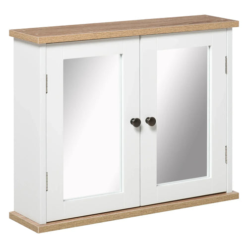 White wall-mounted bathroom mirror cabinet with double doors, clear glass panels, wood top