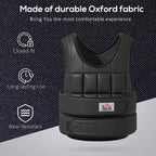 Black weighted vest with quilted front padding and front weight-bag belt