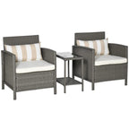 Light grey rattan bistro set with two armchairs, striped pillows, and small side table